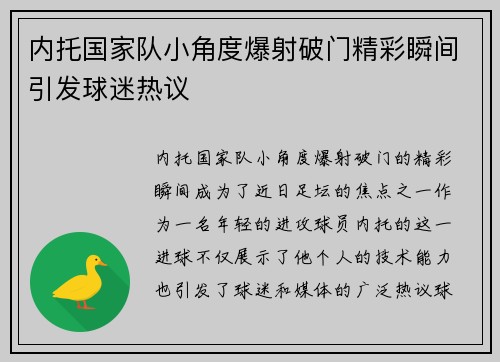 内托国家队小角度爆射破门精彩瞬间引发球迷热议